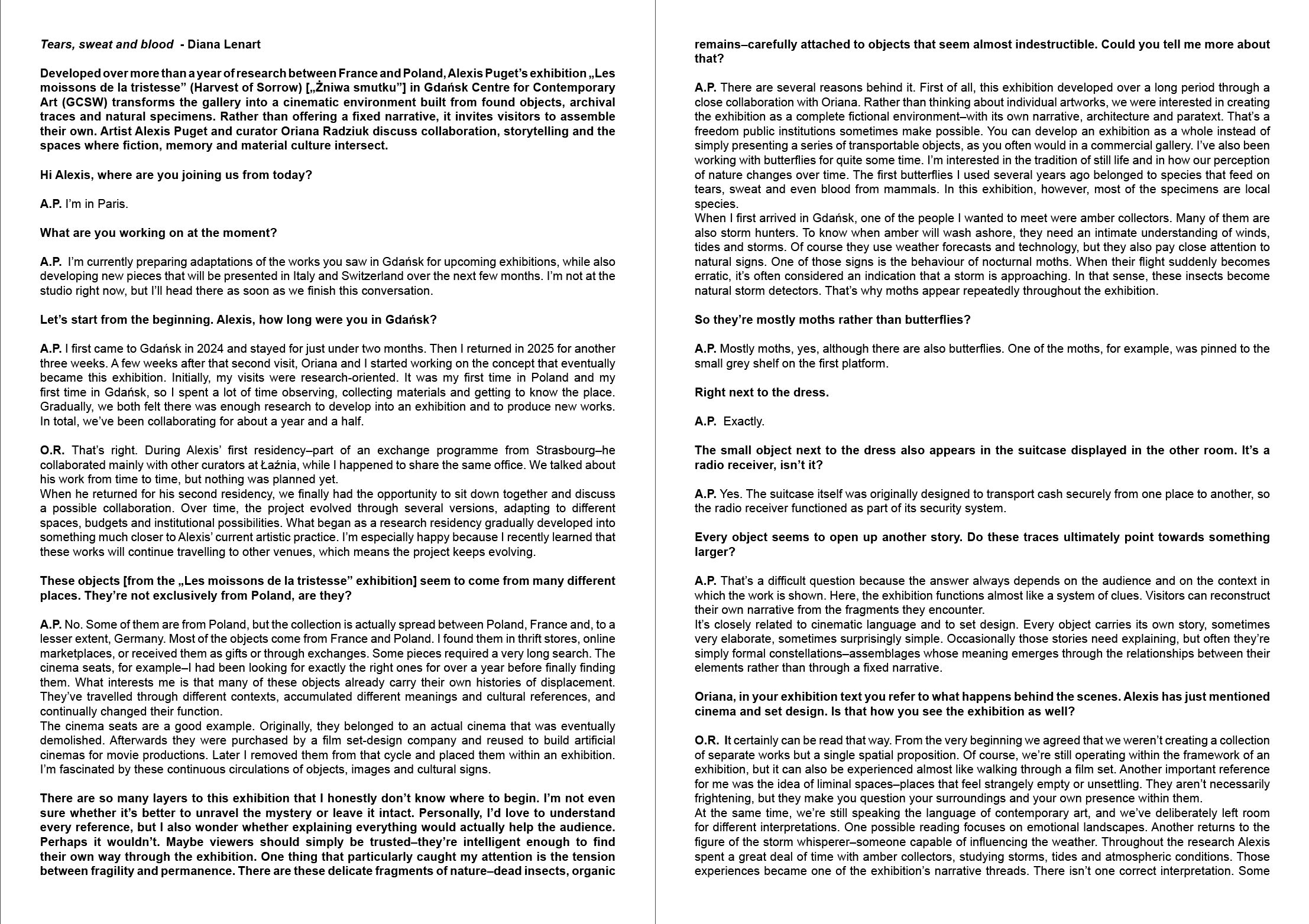 <em>Tears, sweat and blood</em>, Diana Lenart, 2026. Interview with Oriana Radziuk, curator of the show <em>Zniwa Smutku, Les moissons de la tristesse</em> at Gdansk Center for Contemporary Art. Published in Terz!, August 2026.