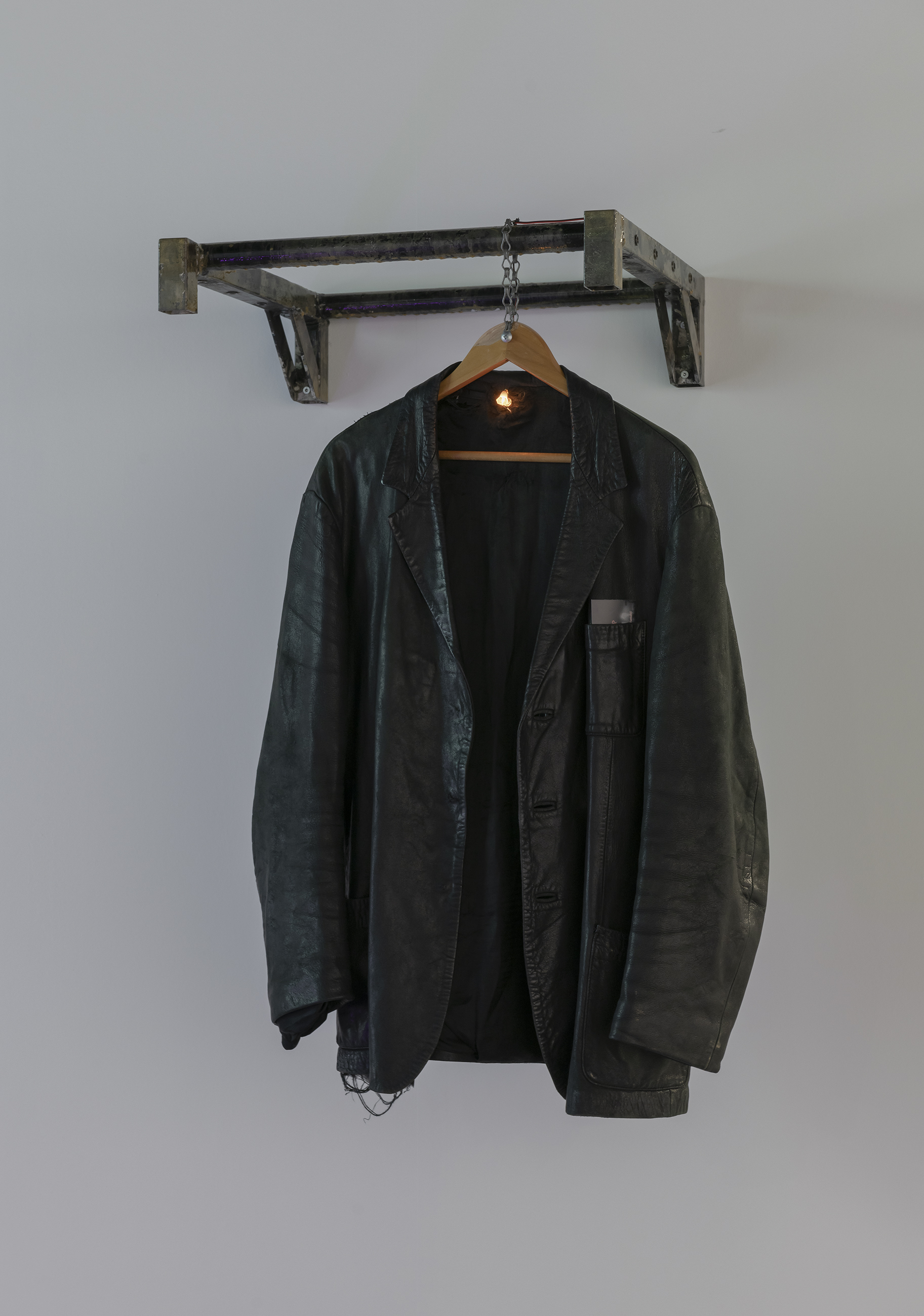 <em>Leather jacket for rainy nights (archive)</em>, 2023. Exhibition view: <em>Unsharfe Realitäten</em>, group show, HEK, Basel (CH), 2023-2024, part of <em>Regionale 24</em>. Curated by Sabine Himmelsbach, assisted by Kimberley Rahn. Photo © Franz Wamhof